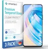 A product package for screen protectors for a smartphone, with a smartphone displaying a colorful wallpaper shown next to it. Produktbild-Vorschau
