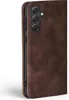 A close-up side view of a brown leather flip case for a smartphone. Produktbild-Vorschau