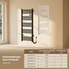 Two towel radiators, one black and one white, are displayed on a wall next to a window. A table with product specifications is shown in the foreground. Anteprima dell’immagine prodotto