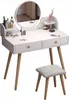 A white vanity table with a round mirror and a stool, set against a white background.