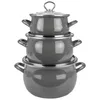 A stack of three gray enamel pots with silver rims and lids, shown against a white background. Podgląd zdjęcia produktu
