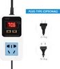 A digital humidity controller with a display and socket, shown with optional plug types. Náhľad obrázku produktu