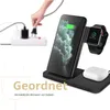 A hand is plugging a charger into a power strip, while a wireless charging stand with a phone, smartwatch, and earbuds is shown in the foreground. Produktbild-Vorschau