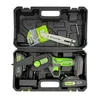 A black carrying case is open, displaying a cordless electric pruning saw with two batteries, a charger, a spare chain, and a small screwdriver. Náhľad obrázku produktu