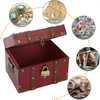 A decorative wooden treasure chest with a combination lock, shown open, with circular insets displaying jewelry, envelopes, stamps, photos, and cash/coins. Produktbild-Vorschau