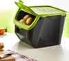 A potato and onion storage box with potatoes inside, placed on a table with a checkered cloth and a knife. Produktbild-Vorschau