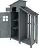 A gray wooden garden shed with an open door and shelves. Voir les images du produit