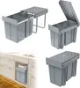 Collage of images showing a pull-out trash sorting system in different configurations and installed in a kitchen cabinet. Voir les images du produit