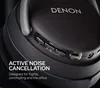 A close-up of a black Denon headphone with text overlay. Produktbild-Vorschau
