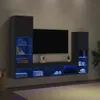 A modern media console with a TV mounted above it, illuminated by blue LED lights. Produktbild-Vorschau