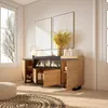A modern living room with a sideboard featuring an electric fireplace, artwork, and decorative items. Produktbild-Vorschau