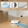 A white robot vacuum cleaner is cleaning a wooden floor, with three inset images showing the mop pads. Produktbild-Vorschau