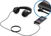 A black aux cable and headphones are shown connected to two smartphones, one of which is in a close-up inset view. Produktbild-Vorschau