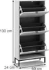 A white shoe cabinet with three flip-down drawers, shown with dimensions indicated. Produktbild-Vorschau