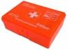 An orange first aid kit with various icons and text on its lid, placed on a white background. Produktbild-Vorschau