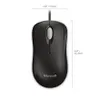 A top-down view of a black Microsoft basic optical mouse with dimensions indicated. Produktbild-Vorschau