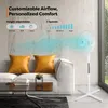 A white oscillating fan is shown in a living room setting, with text overlays describing its features. Produktbild-Vorschau
