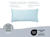 A light blue pillow with snowflake patterns is shown, with text and icons describing its features. Produktbild-Vorschau