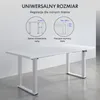 A white adjustable desk frame with informational diagrams above it. Podgląd zdjęcia produktu