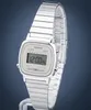 A silver Casio digital watch with a metal band is displayed against a dark blue and gray background. Produktbild-Vorschau