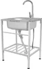 A freestanding stainless steel sink with a faucet and plumbing, shown on a white background. Podgląd zdjęcia produktu