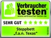 A green and white badge with text and icons indicating a product review and rating. Produktbild-Vorschau