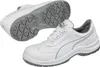 A pair of white Puma safety shoes, one shown from the side and the other from underneath. Produktbild-Vorschau