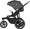 A side view of a black baby stroller against a white background. Produktbild-Vorschau