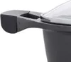 A close-up view of a black pot handle and the rim of a pot with a glass lid. Produktbild-Vorschau