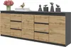 A modern sideboard with a wood-grain finish and dark gray accents, displayed against a white background. Podgląd zdjęcia produktu