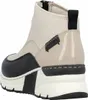 A rear view of a beige and black high-top sneaker boot. Voir les images du produit
