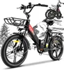 A black electric bicycle with a front basket and a smaller image of the same bicycle in the background, set against a stylized mountain and tree landscape. Produktbild-Vorschau
