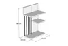 A 3D rendering of a white and walnut shelf unit with black vertical supports, showing dimensions. Produktbild-Vorschau