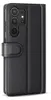 A black leather flip case for a smartphone is shown from the side. Produktbild-Vorschau