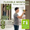 A man is shown drilling into a wall, with a product display of wooden acoustic panels and hooks on the left. The image highlights features like flexible mounting options and durability. Náhled obrázku produktu