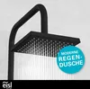 A black modern shower head with water flowing, set against a tiled wall. Produktbild-Vorschau