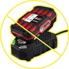 A battery and charger for a power tool, with a yellow circle and cross overlay indicating it is not included. Produktbild-Vorschau