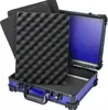 An open blue transport case with black foam inserts. Produktbild-Vorschau