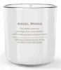 A white glass candle with text labels. Voir les images du produit