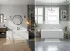 A split image showing two different bathroom setups, each featuring a white bathtub. Produktbild-Vorschau