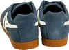 Rear view of two blue suede sneakers with white stripes and brown soles. Anteprima dell’immagine prodotto