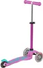 A three-wheeled scooter with pink handlebars and deck, and clear wheels. Voir les images du produit