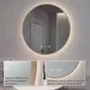 A round LED mirror with a golden frame, illuminated from behind, mounted on a wall. Insets show close-ups of the frame and the backlighting. Produktbild-Vorschau