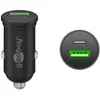 A black car charger with two ports, one USB-C and one USB-A, shown from two angles. Anteprima dell’immagine prodotto