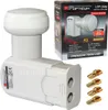 A product shot of a satellite LNB with its packaging and accessories. Náhľad obrázku produktu