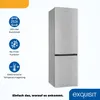 A silver refrigerator with feature icons and text on a white and orange background. Produktbild-Vorschau