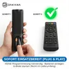 An image showing two steps for using a remote control, with text instructions. Produktbild-Vorschau