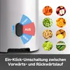 A close-up of a silver juicer with a control dial and a collage of fruits and vegetables. Produktbild-Vorschau