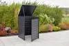 A dark gray garbage bin enclosure with its lid and doors open, situated on a paved patio in front of a garden with various plants and flowers. Náhled obrázku produktu