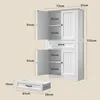 Dimensions and internal shelves of a white cabinet and a drawer. Voir les images du produit